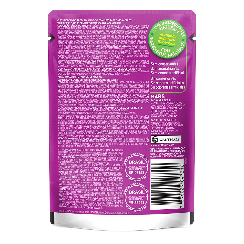 Ração Úmida para Gatos Sênior WHISKAS® Sachê Carne ao Molho - 2
