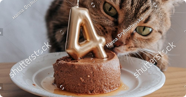Gato comendo um bolo de aniversário